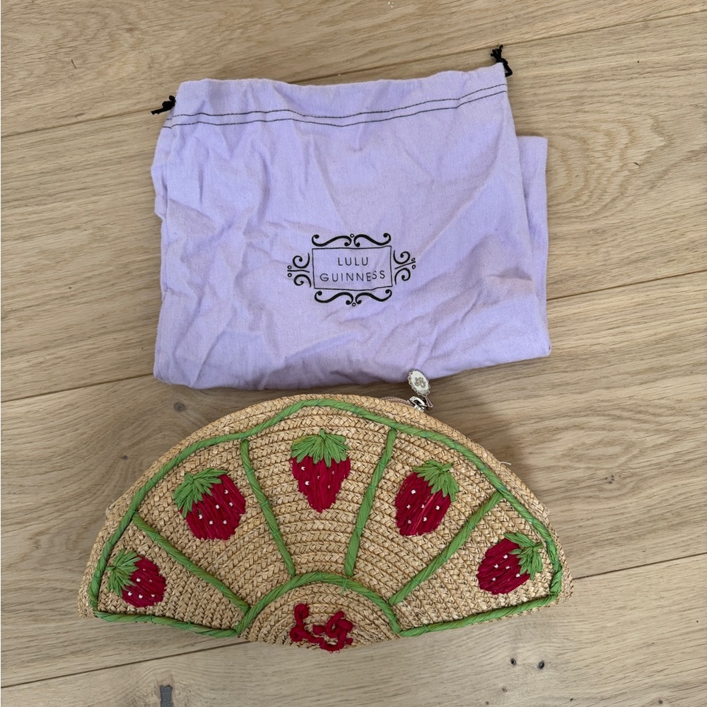 Embroidered Strawberry Lulu Guinness Beige Fan Clutch with Red Polka Dot Lining